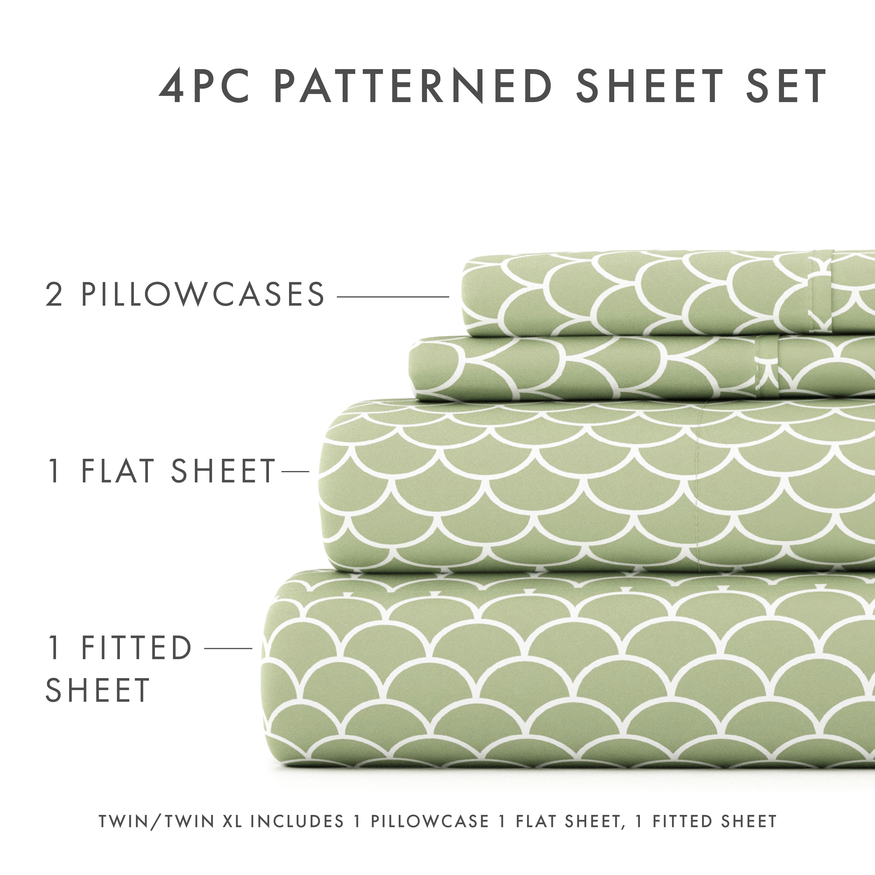 Noble Linens 4 Piece Pattern Microfiber Bed Sheets Set, Sage Scallops, California King