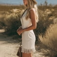 thumbnail image 2 of Morttic Sexy Sleeveless Fringe Dress for Women – Deep V-Neck Solid Color Faux Leather Bodycon Mini Dress with Zip Up Beige，S, 2 of 6