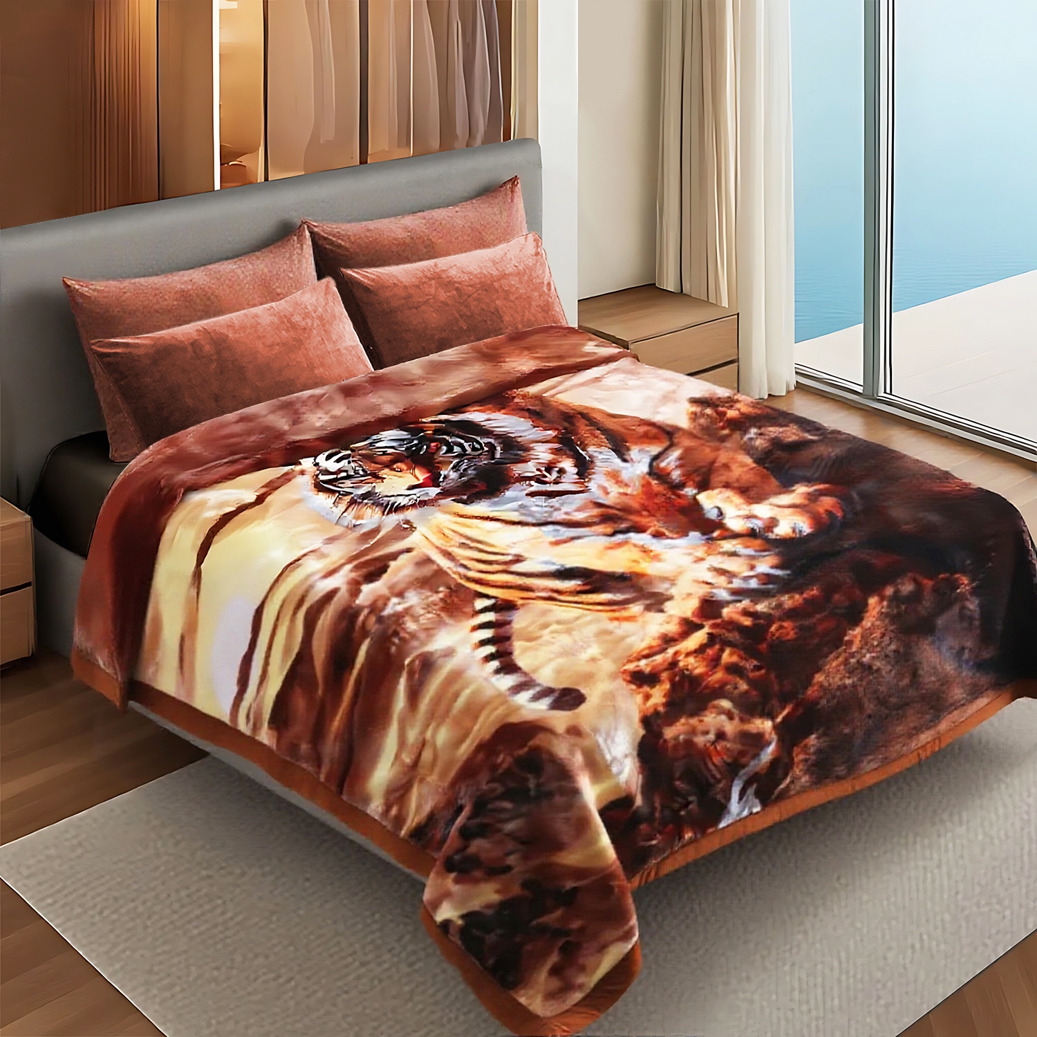 10lbs Heavy Thick A&B Pattern Blanket 2Ply Reversible - Thick Warm Plush Korean Style Bed Blanket, King Size Fleece Plush Blanket, Soft Winter Blanket For Adult 87" x 95", Tiger & Horse
