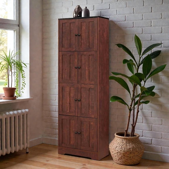 Tcbosik 8-Door Tall Cabinet with 4 Individual Storage Compartments, 72.4"H Modern MDF Storage Tower for Small Apartments, Kitchens, Garages & Bathrooms, Walnut