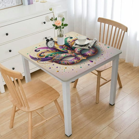 BANET Mardi Gras Festival Square Tablecloth Ornamental Feathers Colorful Dots Party Table Cover Washable Polyester Table Cloth for Buffet Party Dinner Picnic White