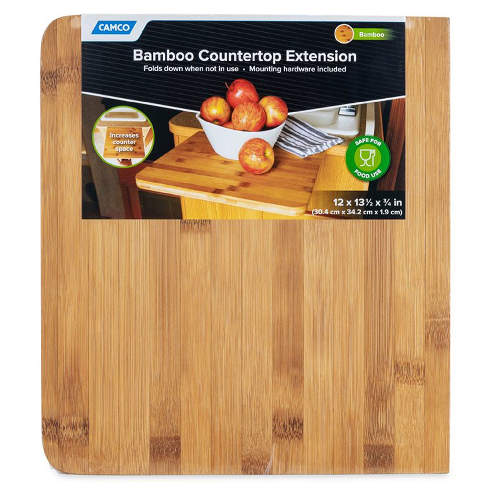 Camco Bamboo Accents Camper/RV Countertop Extension | Designed with Food-Safe Bamboo & Adds 12 Extra Inches of Countertop Space | Mounts with Metal Drop-Leaf Table Brace (43423)
