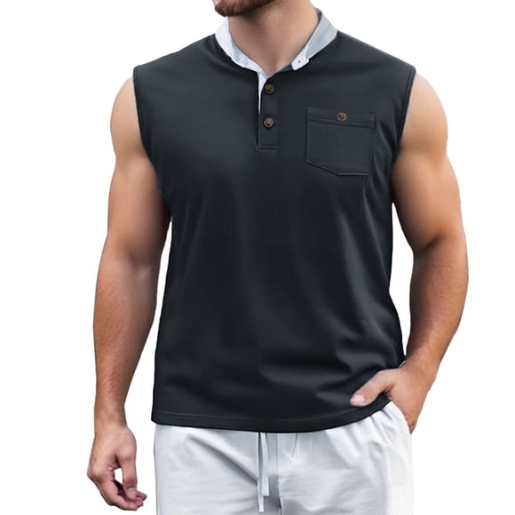 Men's European Solid Color Button Open Neck Pocket Vest - Casual Loose, Comfortable, Multiple Sizes, for Spring/Summer