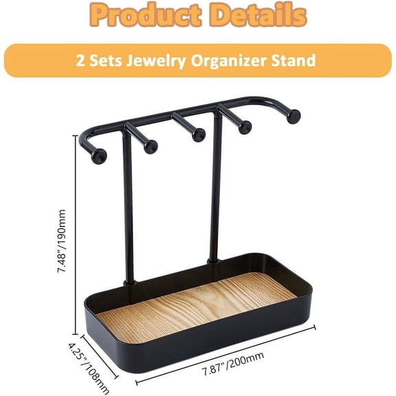 2Sets Minimalist Jewelry Organizer Stand Black Plastic Earring Bracelet Display Stands with Wood Tray Jewelry Storage Stand Hooks for Small Items Organize 7.87x4.25x7.48