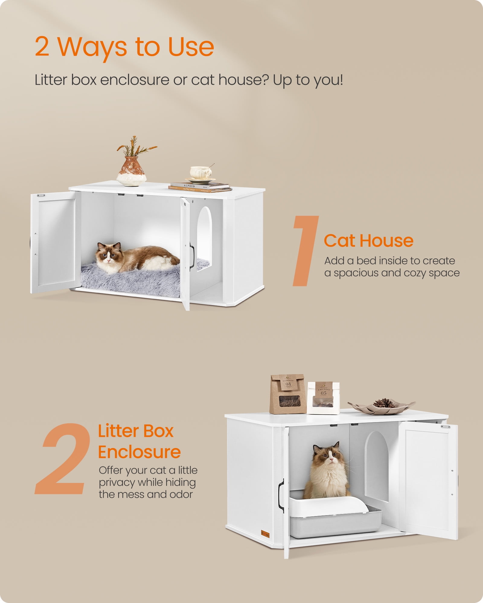 Litter Box Enclosure, Modern Cat Litter Box Furniture Hidden, with Front Entry, Double Doors, Handles, Cat House, Side End Table, 33.5 x 19 x 19.5 Inches, Cloud White