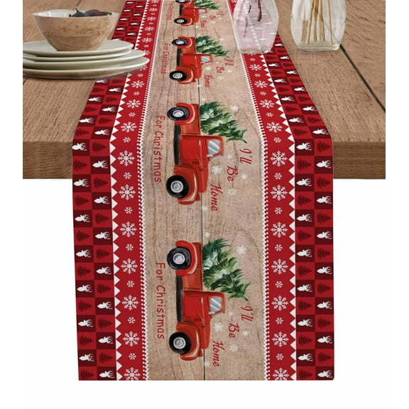 Red Christmas Truck Table Runner 108 Inches, Xmas Tree Snowflake Plaid Wooden Bed Runner Dresser Scarves Tabletop for Indoor Outdoor Parties/Ceremony/Banquet, 13"x 108"