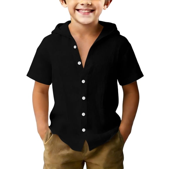 XKHAZA Cotton Linen Button down Shirts for Teen Boy Casual Short Sleeve Hooded Tops Summer 𝐁each Lightweight Kids Fashion Sweatshirt