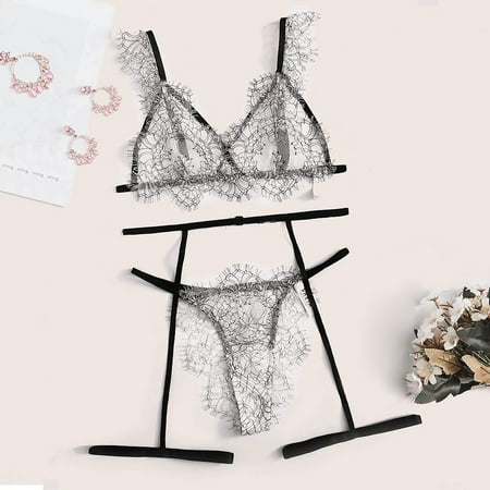 

Yuelianxi 3PC Women Cute Fashion Eyelash Floral Lace Garter Pajamas Lingerie Set