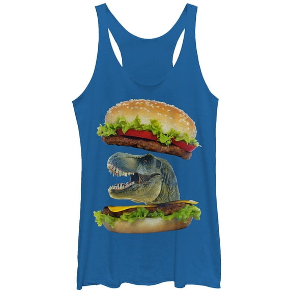 Women's Lost Gods Dinosaur Cheeseburger  Racerback Tank Top Royal Blue Heather X Large