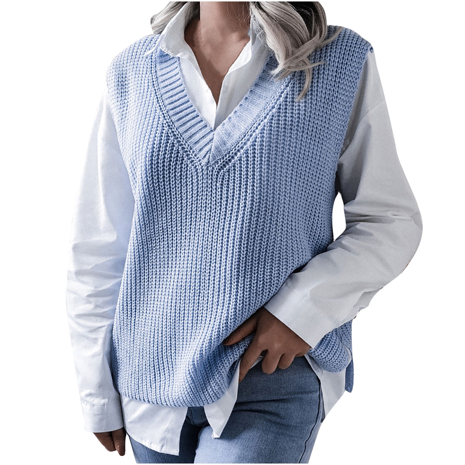WREESH Women Casual V-Neck Hollow Knitted Vest Sweater Vest