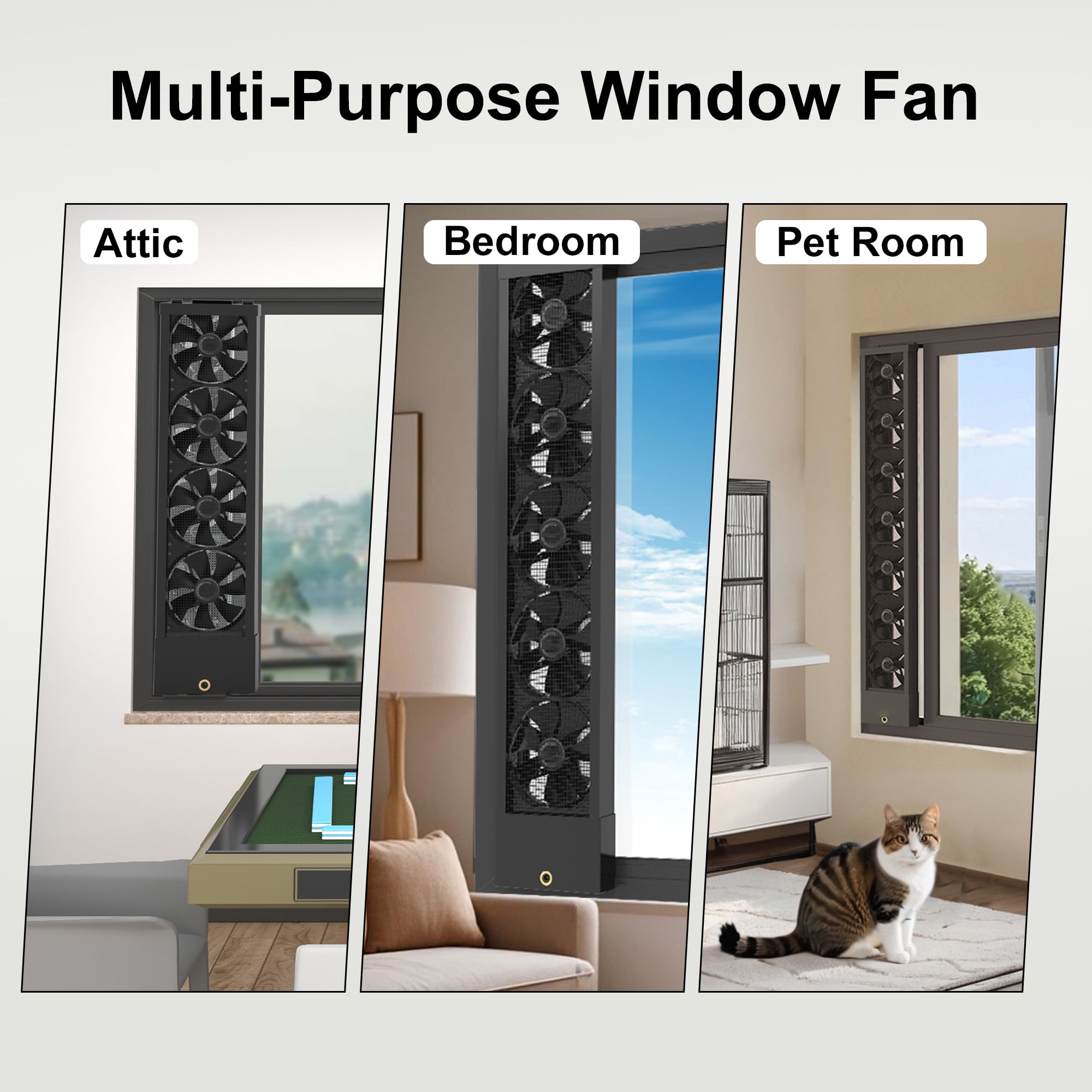 43.3-45.3 Inch Vertical Window Exhaust Fan for Sliding Windows – Attach Firmly to Window Top and Bottom Frames Tool-Free Installation with Variable Speeds for Garages, Attics with Poor Airflow (Black