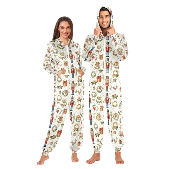 Adult Christmas Onesie Watercolor Nutcracker Zipper One-Piece Pajamas Unisex with Pockets