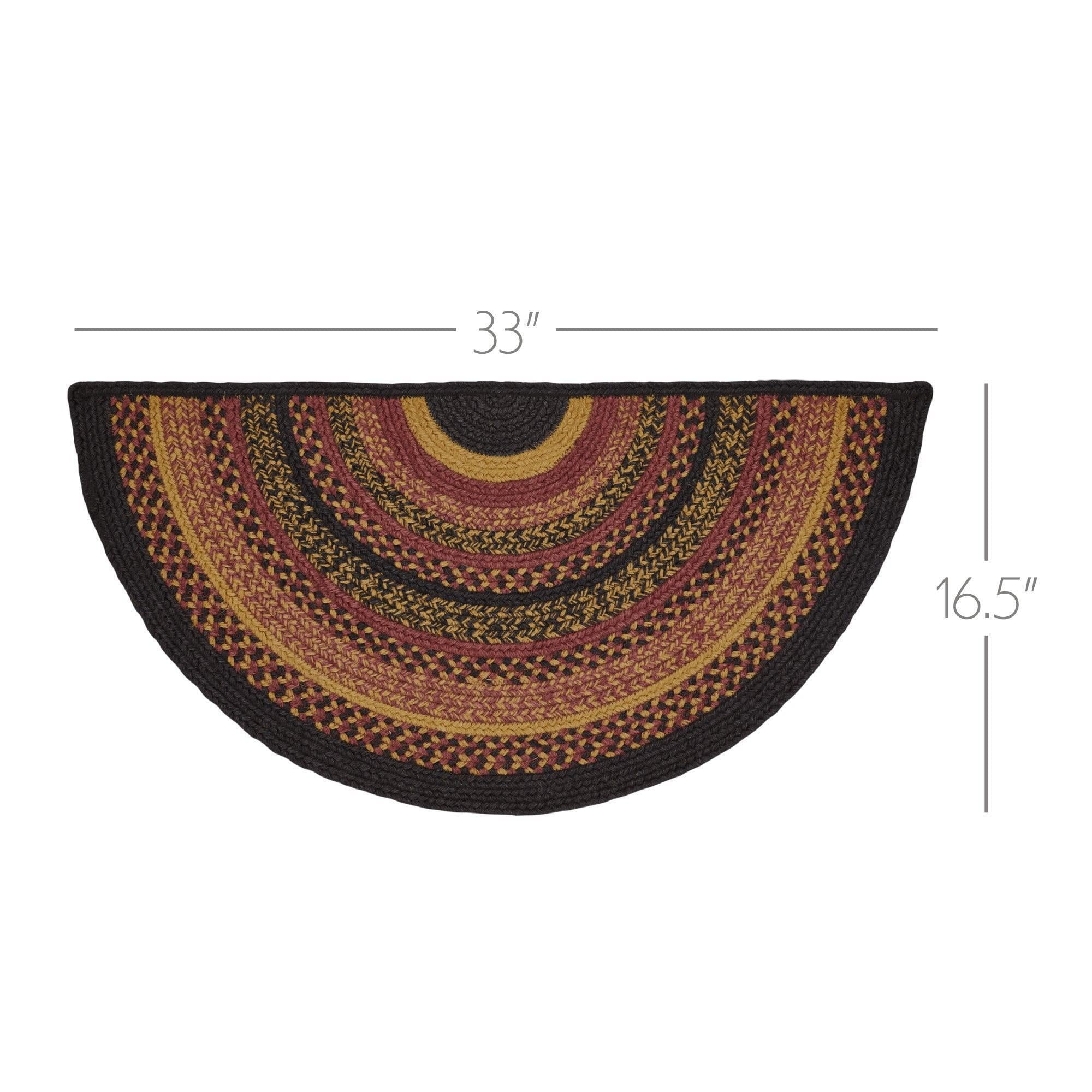 VHC Brands Heritage Farms Braided Jute Rug, Non-Skid Pad, Half Circle Door Mat, Red Black Tan. 16.5x34