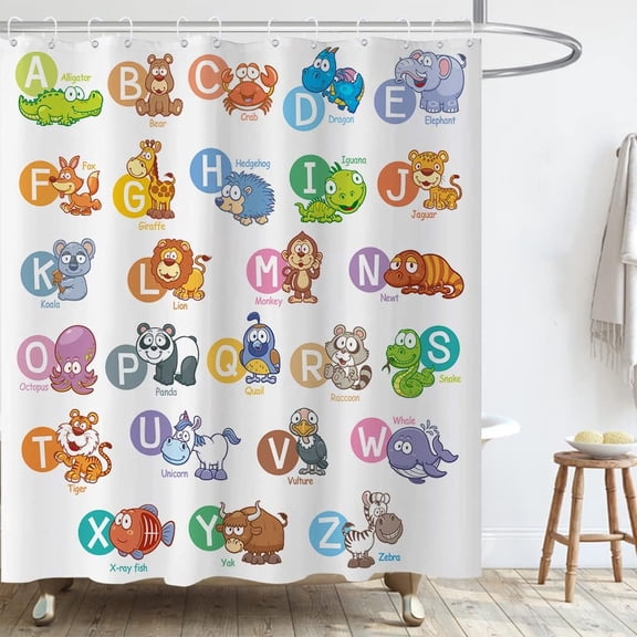 Kids Alphabet Shower Curtain ABC Educational Cartoon Animals Students Baby Learning Tool for Bathroom Decor Polyester Fabric Waterproof Sets with 12 Hooks 72x72 Inch