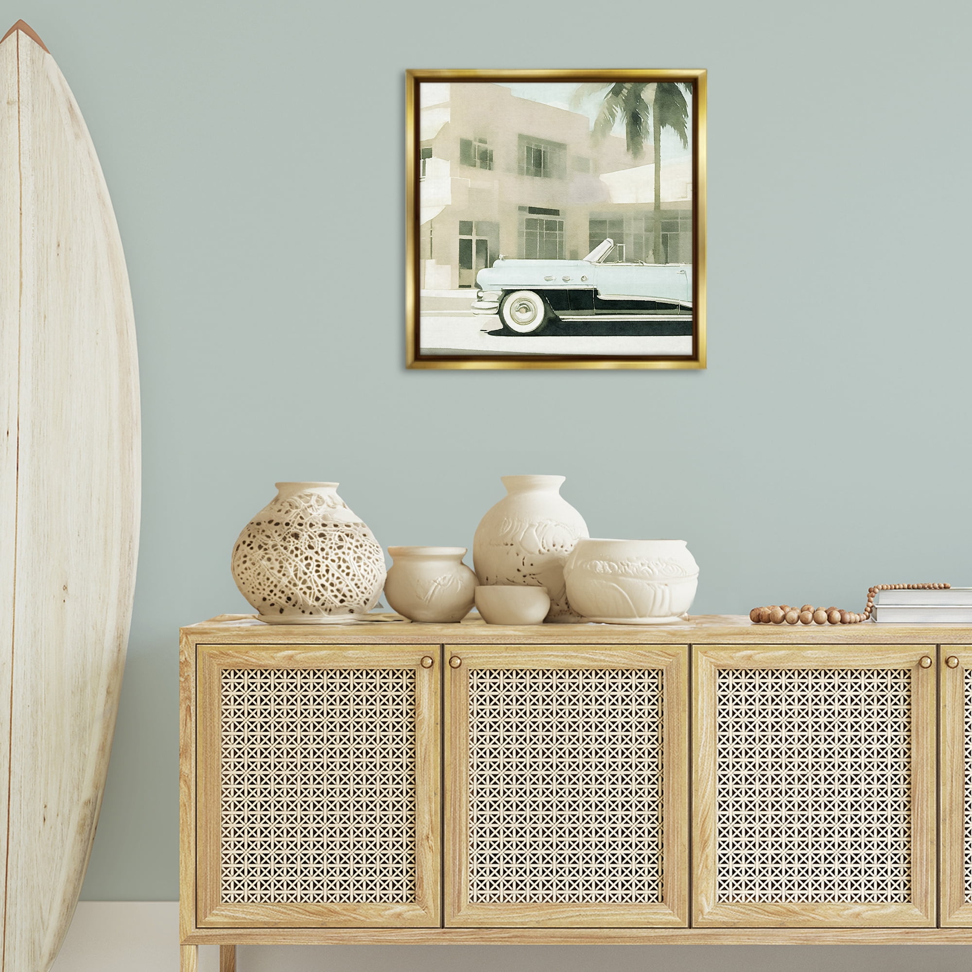 Stupell Industries Miami Car & Palm Tree Transportation Painting Gold Floater Framed Canvas Art Print Wall Art, 25 x 25