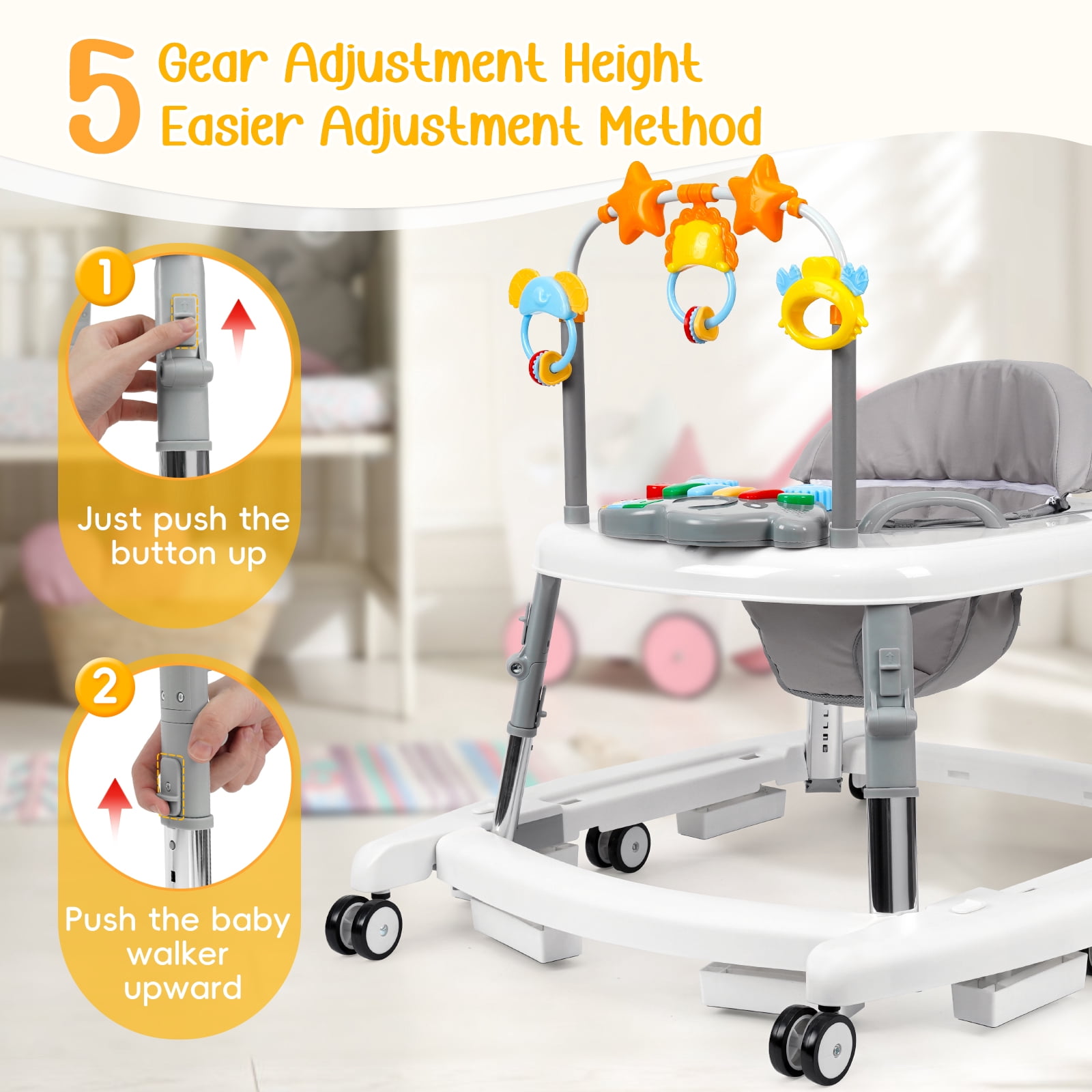 5-in-1 Foldable Baby Walker with Music & Lights – Adjustable Height, Bouncer, Wheels, Portable Toddler Walker for Baby Boys & Girls 6-18 Months, White