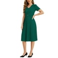 thumbnail image 4 of INSPIRE CHIC Women's Dress Work V-Neck Short Sleeve Below Knee Belted A-Line Pleated Dress M Dark Green, 4 of 4