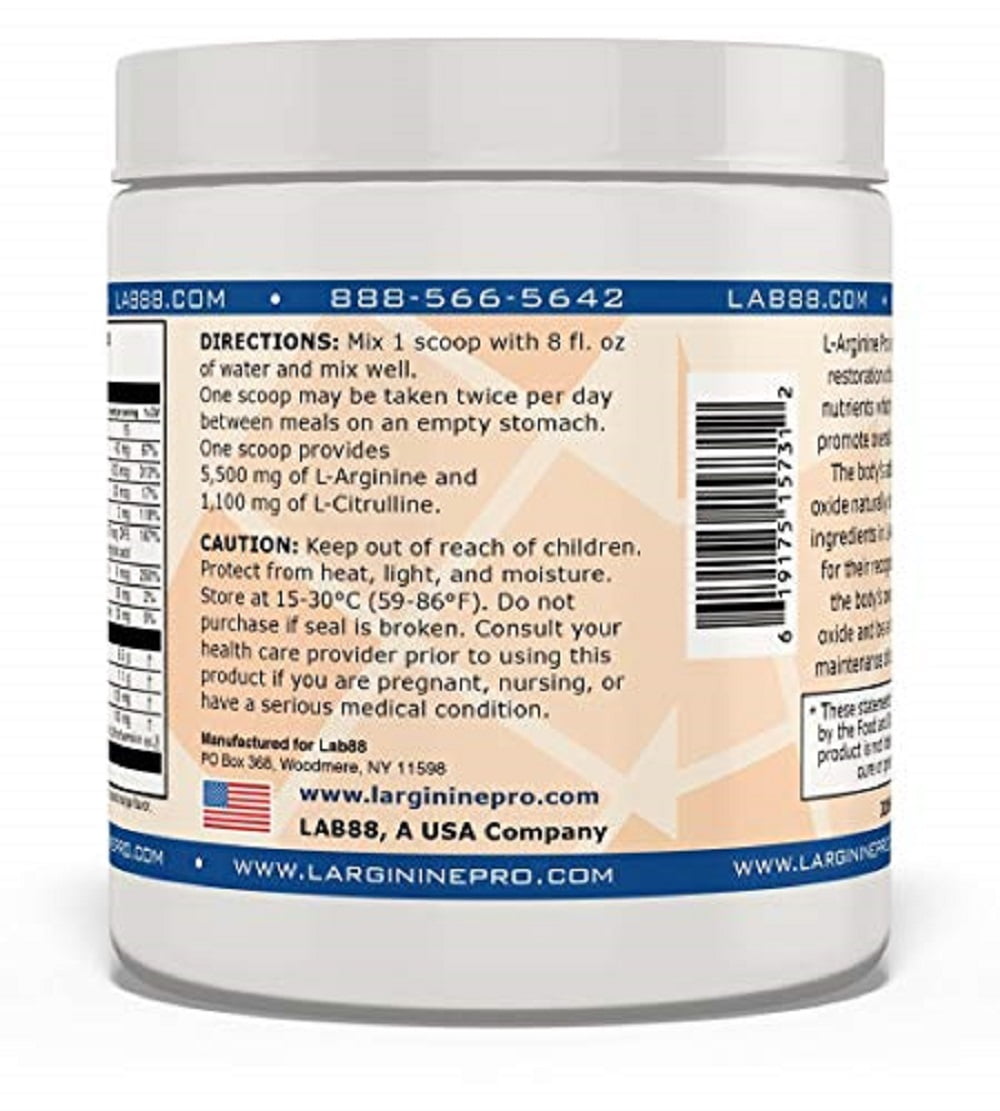 L-ARGININE PRO Powder Jars - 5500mg L-Arginine, 1100mg L-Citrulline Cardio Health, Citrus Orange, 1 Jar