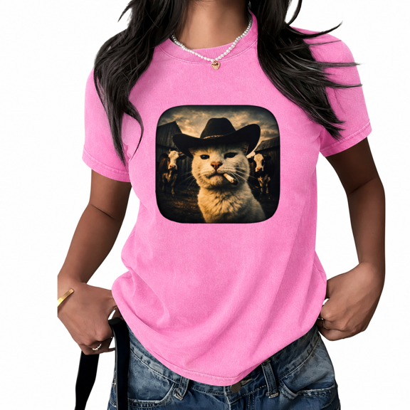 UNISHE Women's Vintage Western Cowboy Cat Graphic Tee Vintage Washed T-Shirt Short Sleeve Oversized Relaxed Fit