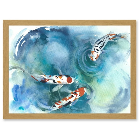 Japanese Koi Fish Near Surface Pond White Black Orange Artwork Framed Wall Art Print A4
