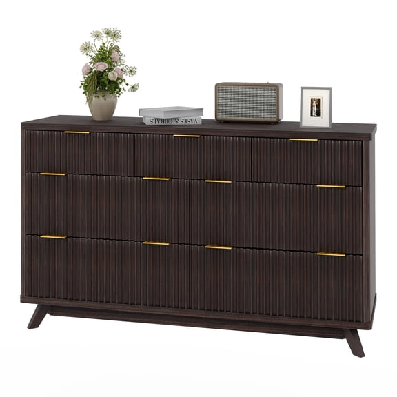 Modern Fluted Dresser with 7 Drawers, 54" Wide Mid-Century Curved Wood Chest of Drawers, Large Storage Cabinet with Tabletop for Bedroom Living Room - Black Walnut