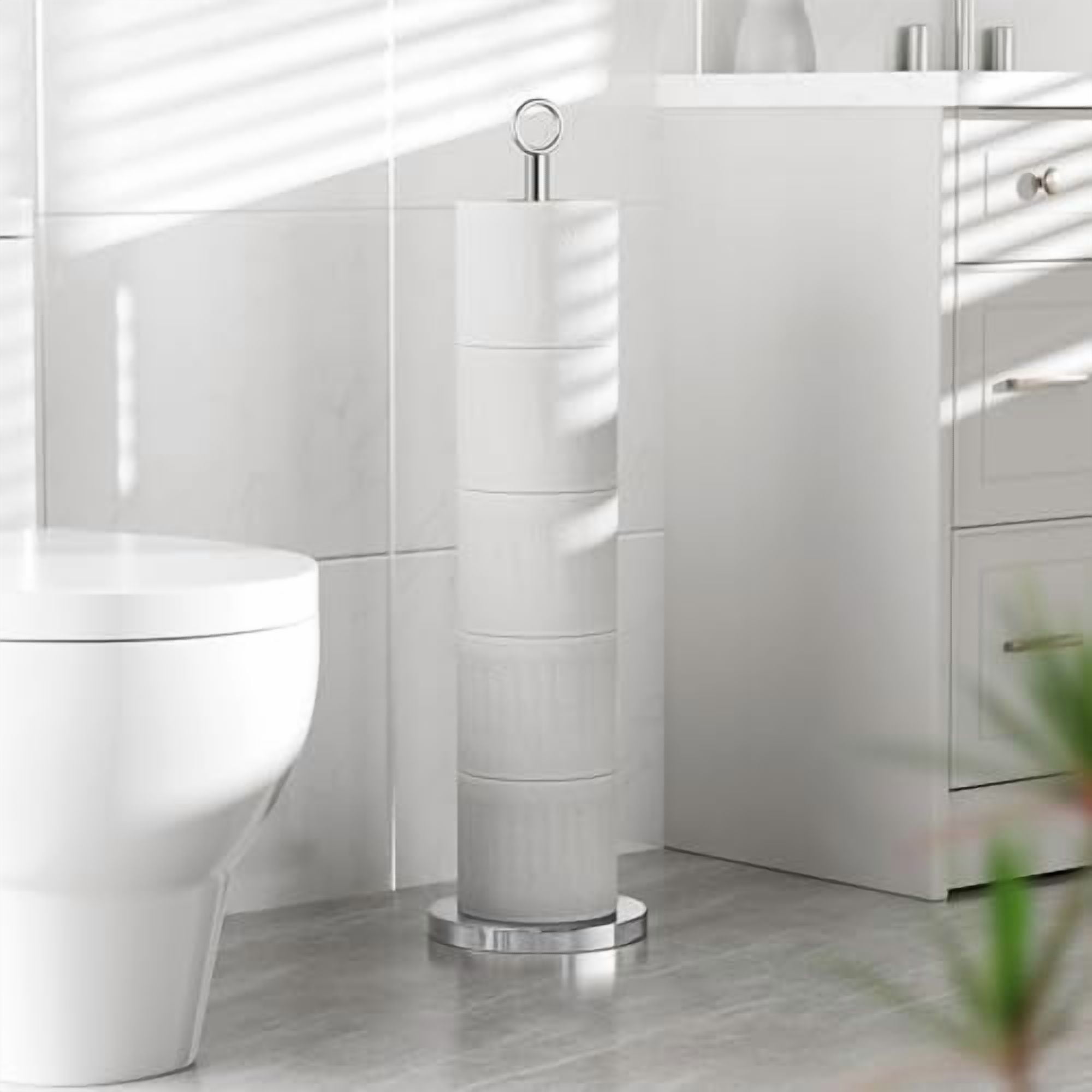 Free-Standing Toilet Paper Holder with Spare Roll Storage, Durable Stainless Steel Bathroom Organizer for Convenient Reserve Function