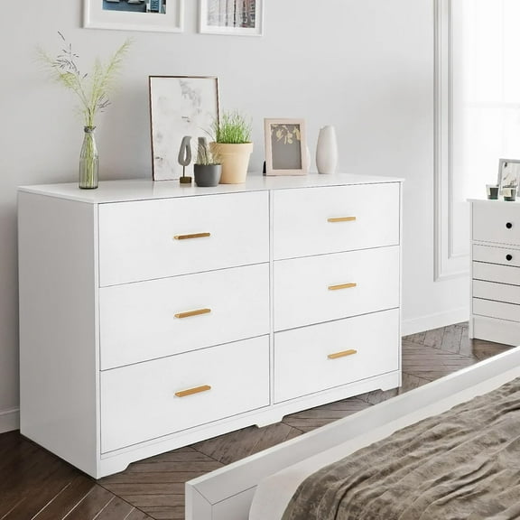Dresser for Bedroom with 6 Drawers, Modern Chest of Drawers with Metal Handle, Wooden Dresser TV Stand, Wooden Cabinet Organizer for Bedroom, Living Room, Hallway