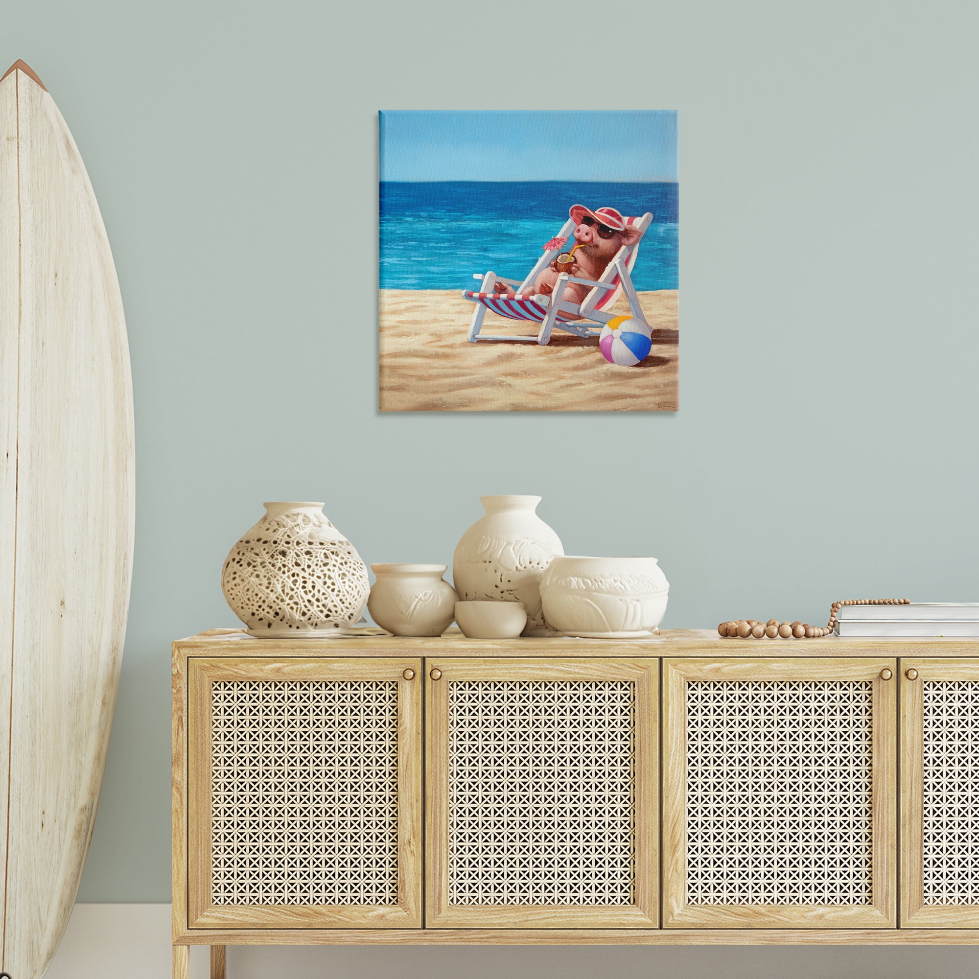 Stupell Industries Pig with Beach Cocktail Novelty Painting Gallery Wrapped Canvas Art Print Wall Art, 30 x 30