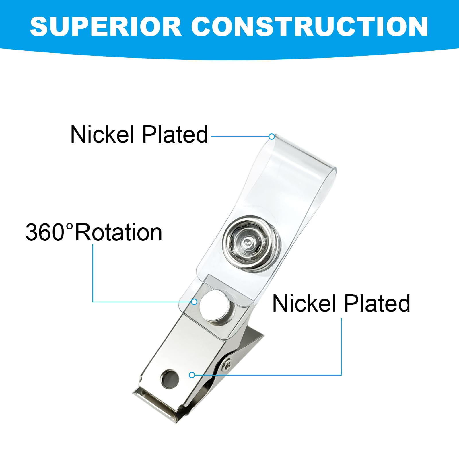 Metal Badge Clips with Clear PVC Straps, ID Card Holder Adapter for Security Access, Office Use, Silver