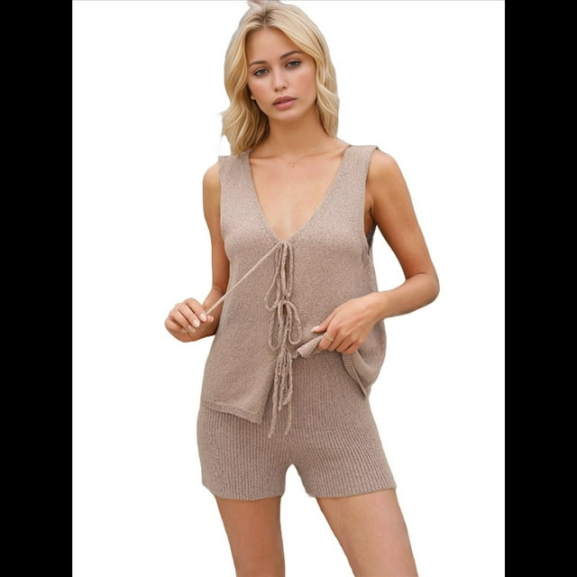 Conjunto de 2 Piezas de Ropa de Estar Informal de Punto para Mujer, con Escote en V y Lazo Frontal, Chaleco y Pantalones Cortos A Juego, para Playa Gris Rosado Pálido S