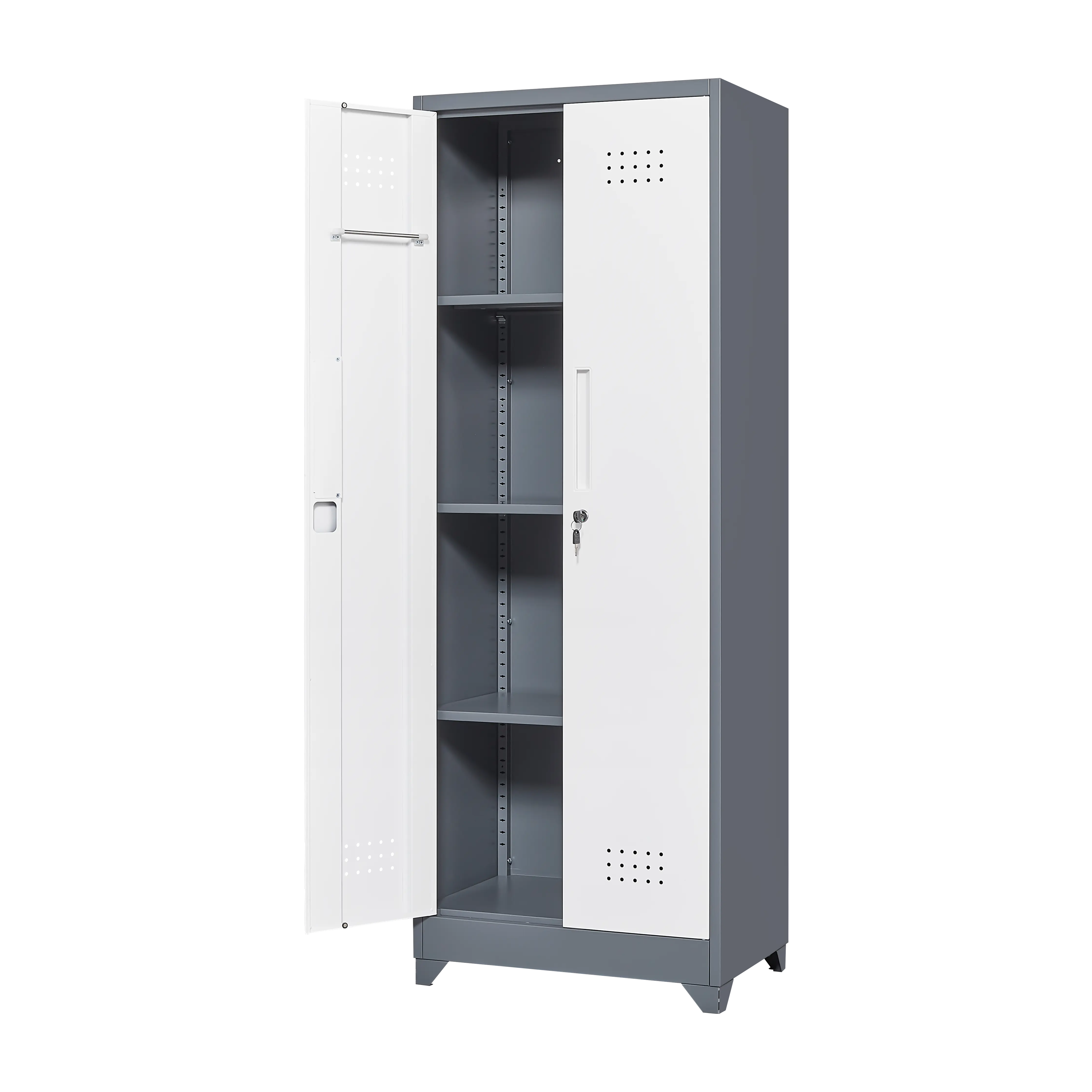 Aukfa 65" Metal Garage Storage Cabinets, Lockable Broom Closet Storage Cabinet with Shelves for Basement/Office/Laundry Room, White