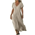 thumbnail image 3 of Meichang Linen Dresses for Women 2025 Summer Casual Short Sleeve V Neck Maxi Dresses Swing Loose Fit Beach Vacation Dress, 3 of 7