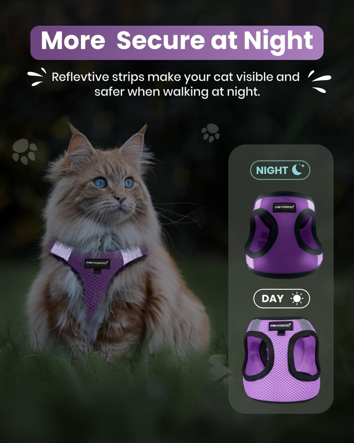 FAYOGOO Escape Proof Cat Harness and Leash Set for Walking, Secure-Fit Step-in Cat Vest Harness, Soft & Lightweight for Kittens and Large Cats