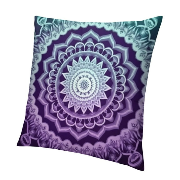 Purple and Turquoise Throw Pillow Cushion Cover, Hippie Mandala and Meditation with Ornamental Art, Decorative Square Accent Pillow Case, Purple Aqua
