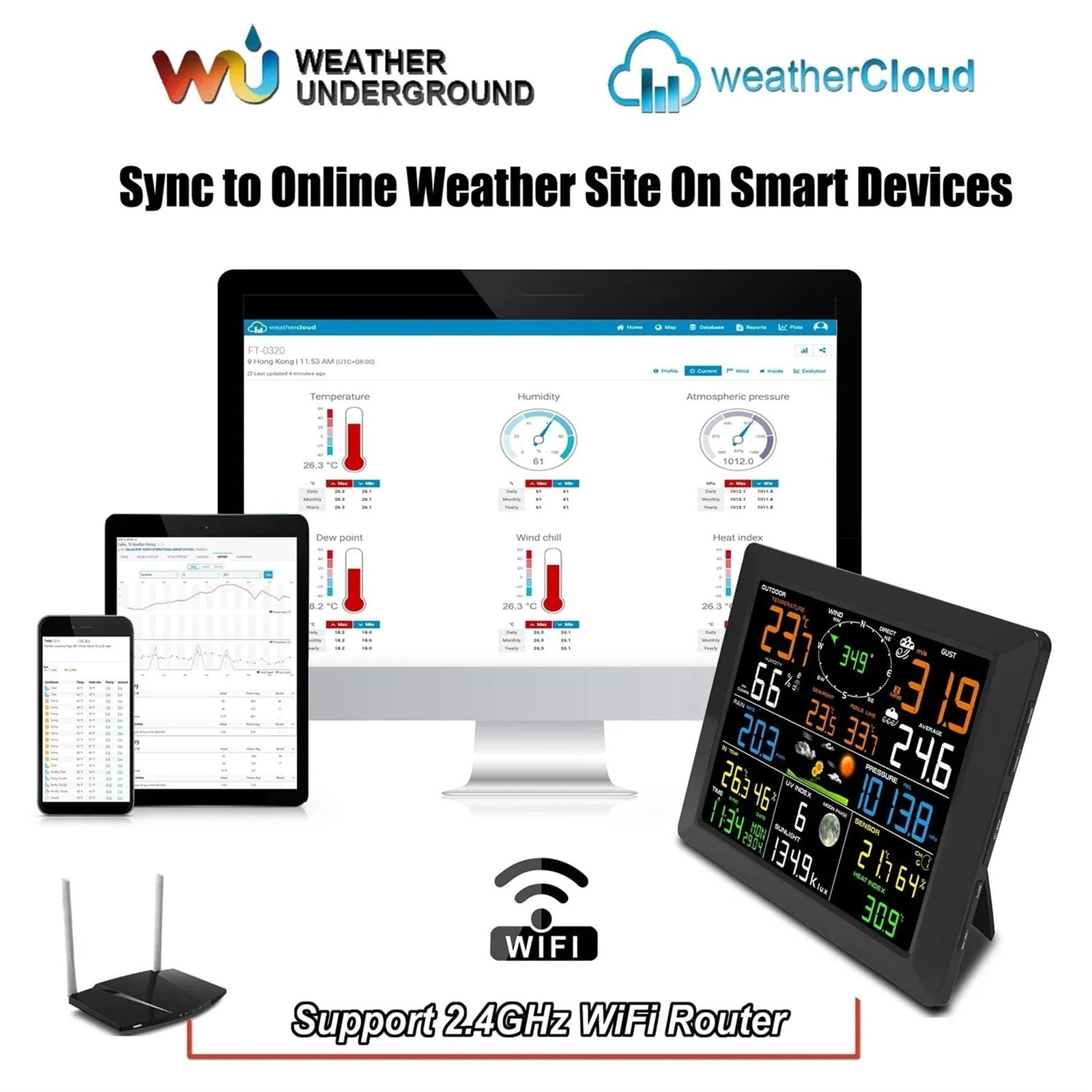 0320 Wireless Weather Stations 10 Inch Large Display Indoor Outdoor Thermo-hygrometer Rain Gauge Wind Speed 8 Channel Supports ,High Precision