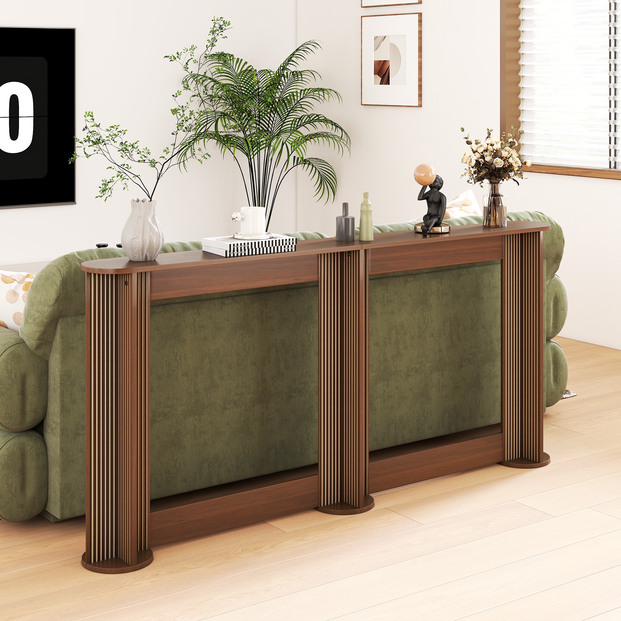 IQCNGVX 71 Inch Narrow Console Table Behind Couch Mid-Century Modern Fluted Skinny Entryway Table Long Slim Sofa Table for Hallway Living Room