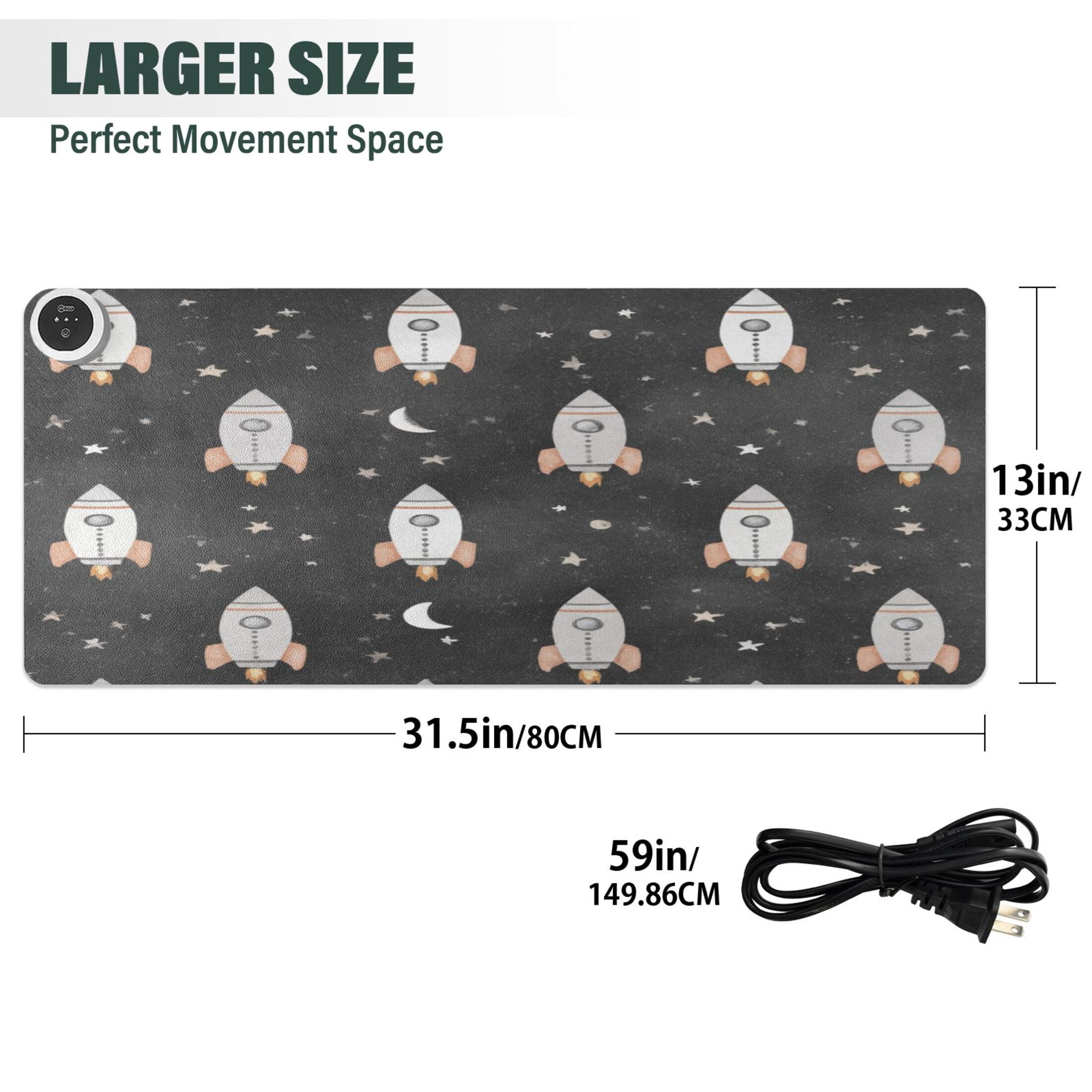Large Heated Desk Mat Mouse Pad 31.5"x13"PU Leather Graphene Heating Desk Warmer with 3 Temperature Settings 110V US Plug Non-Slip Warm Pad for Home, Office, and Gaming Black Space Rocket Pattern