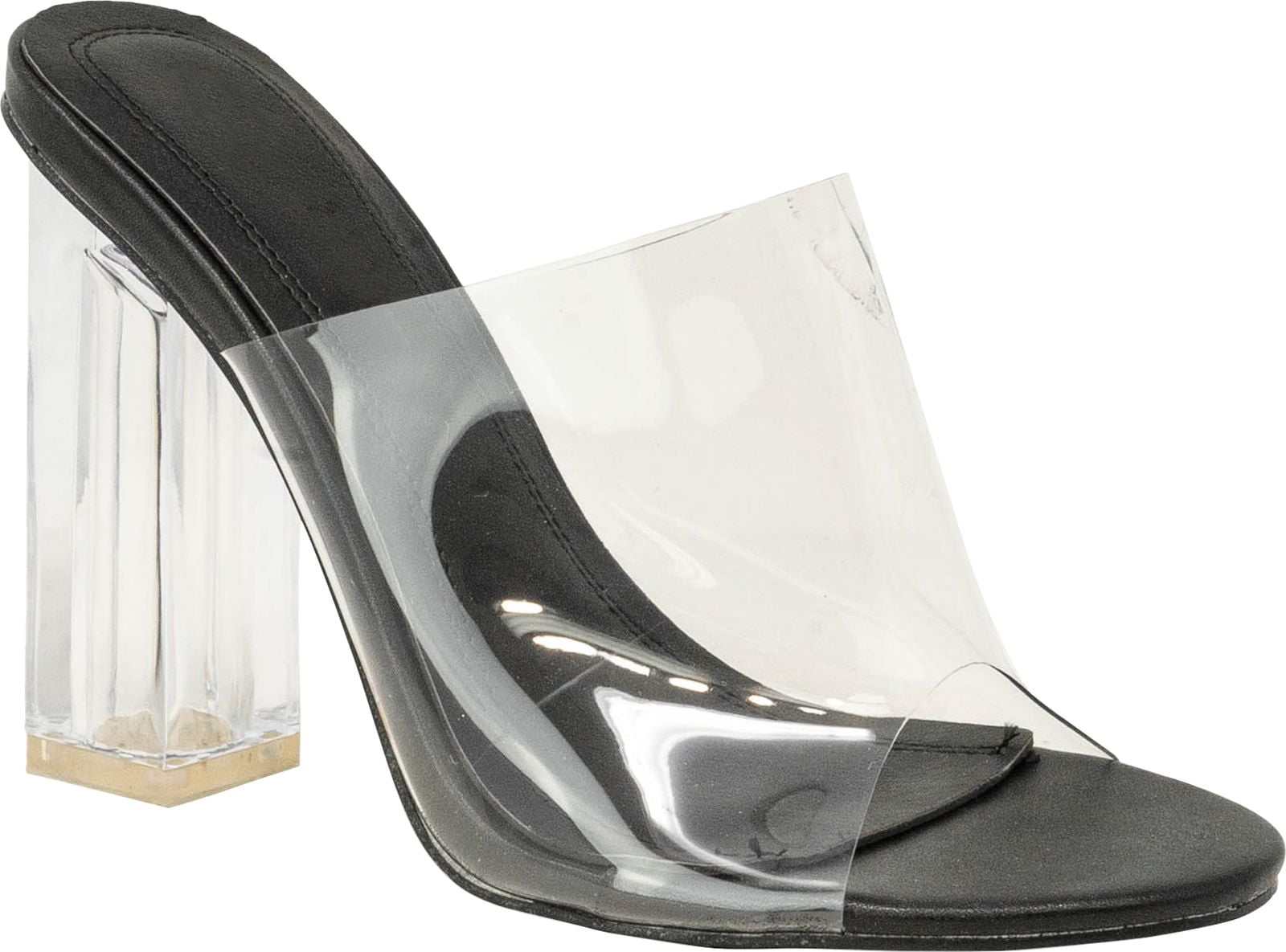 clear and black block heels