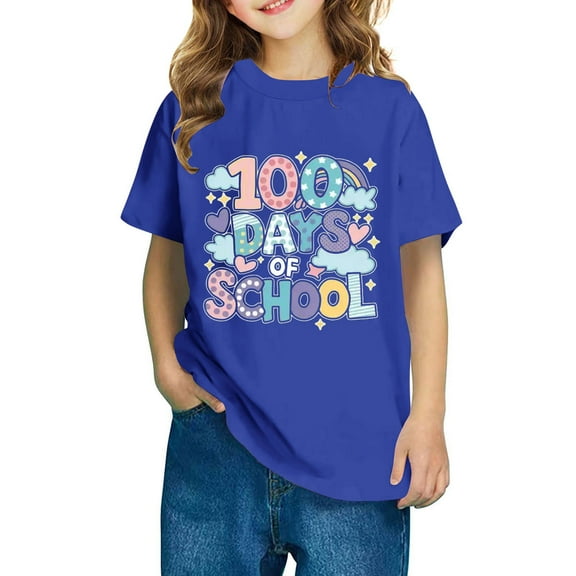 DAETIROS 100 Days T Shirt for Girls, Soft Crewneck Casual Graphic Short Sleeve Comfy Girls Summer Top Blue Size 3-13