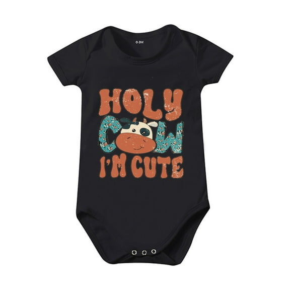 NOKIO Soft Baby Bodysuits, Baby Girl Floral Print Romper Boys And Girls HOLY COW IM CUTE Cartoon Print Short Sleeved Crawl Clothes 1 To 10 Years Old Children Beach Dress Baby Sets