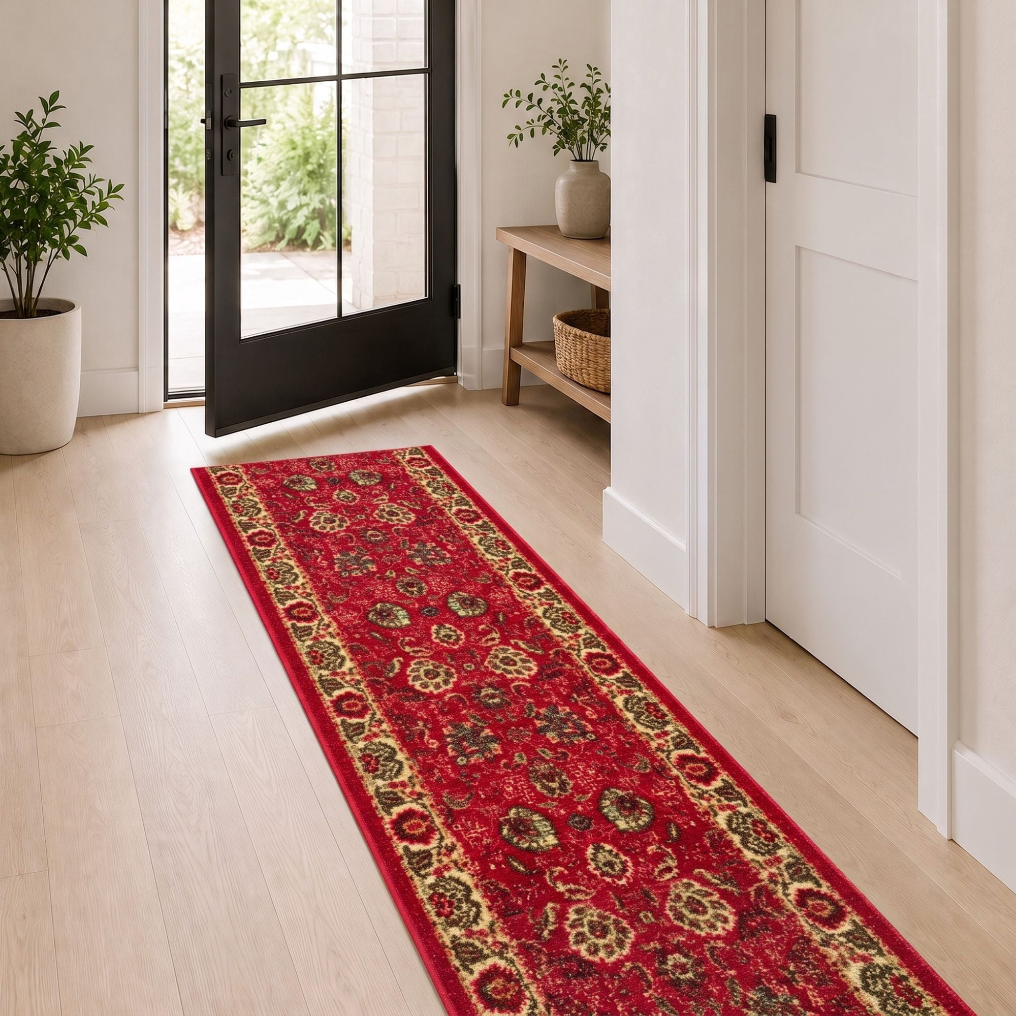 Ottomanson Extra Long Runner Rug 1'10.5" x 55' – Non-Slip Low Pile Hallway Carpet, Oriental Red