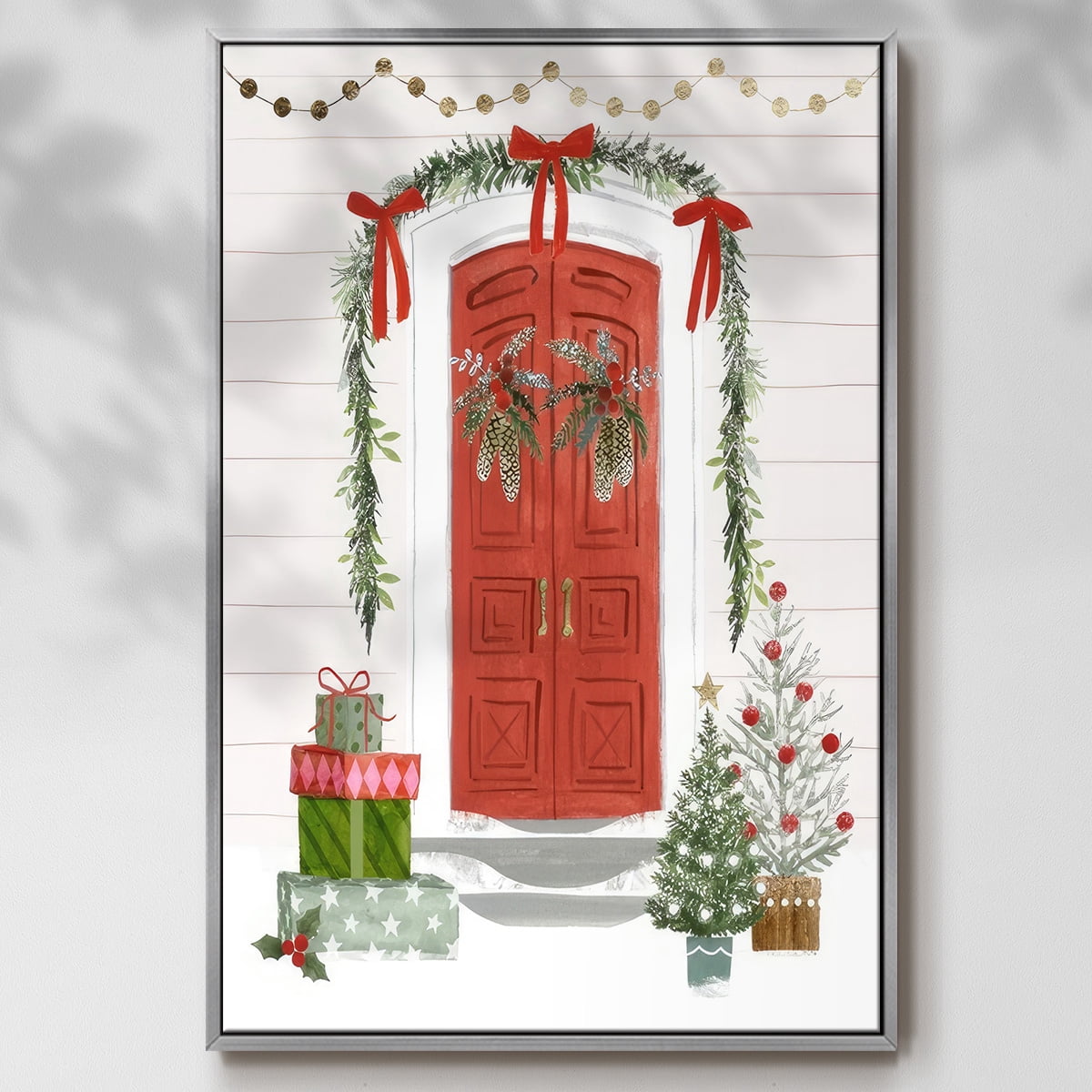 Festive Front Door II - Framed Gallery Wrapped Holiday Canvas - 17 x 25 - Silver Frame