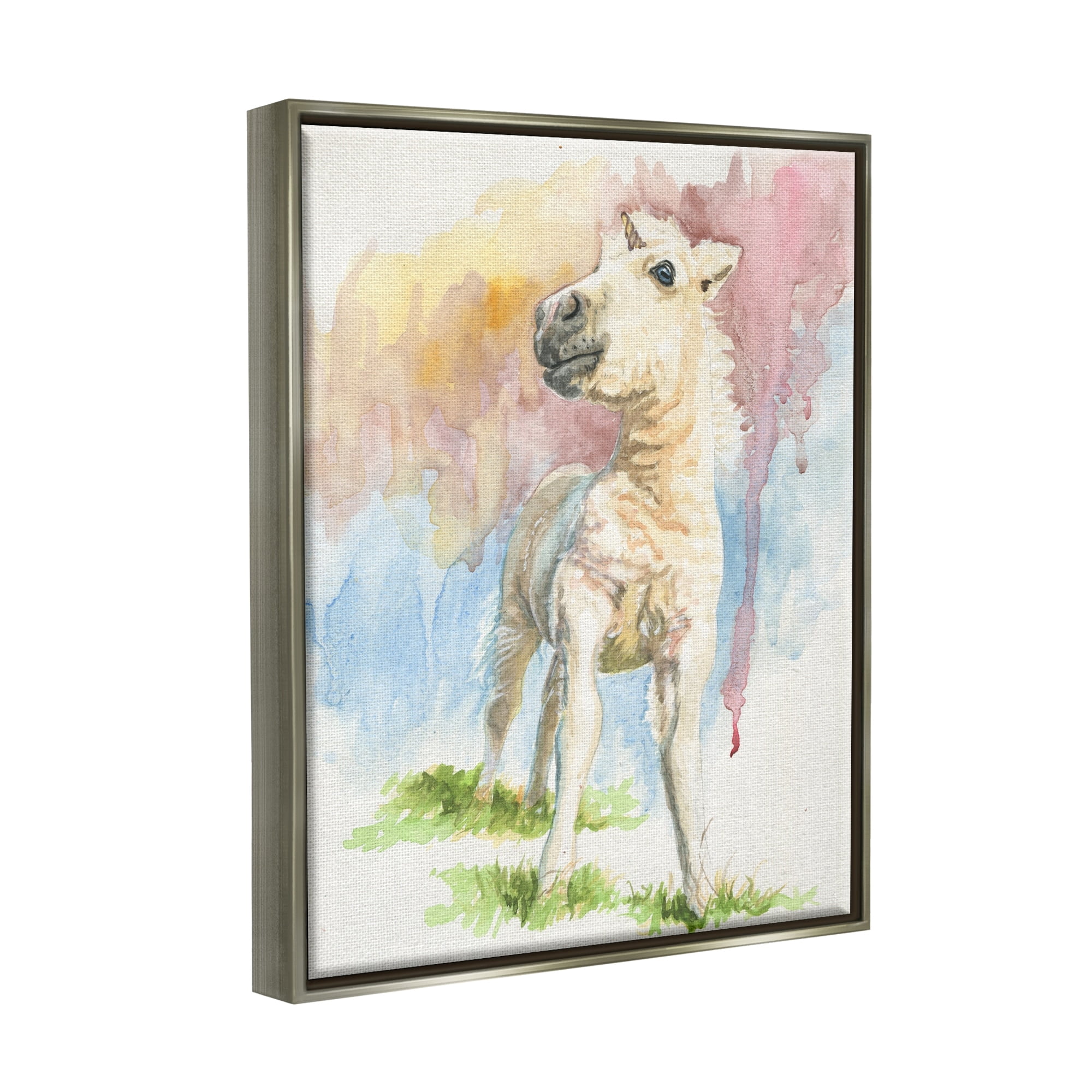Stupell Industries Stoic Fantasy Unicorn Pastel Dripping Watercolor Detail Graphic Art Luster Gray Floating Framed Canvas Print Wall Art, Design by Jennifer Redstreake
