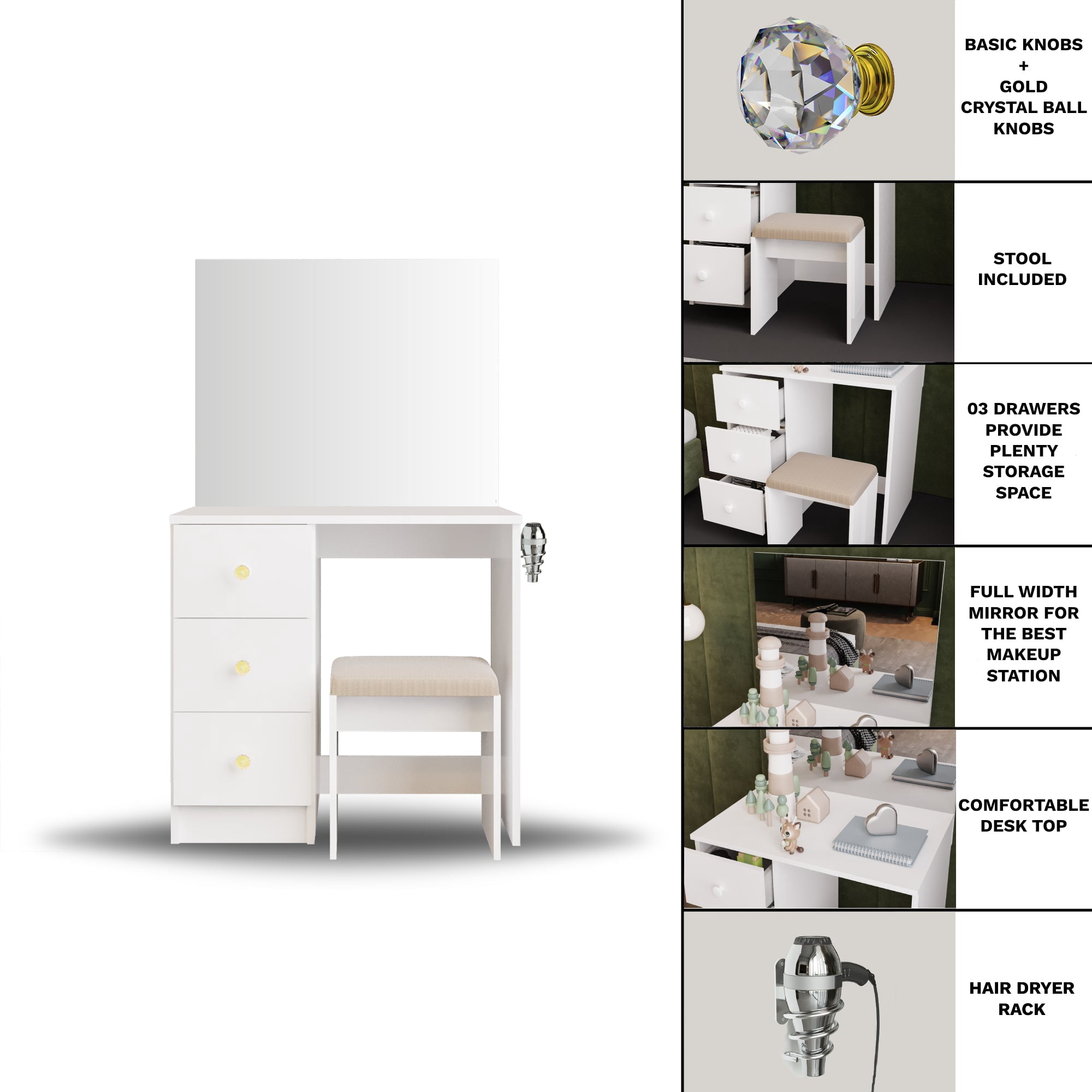 Ember Interiors Small Kids Vanity Makeup Desk Set with Chair, Drawers,Mirror,Gold Crystal Ball Knobs, White