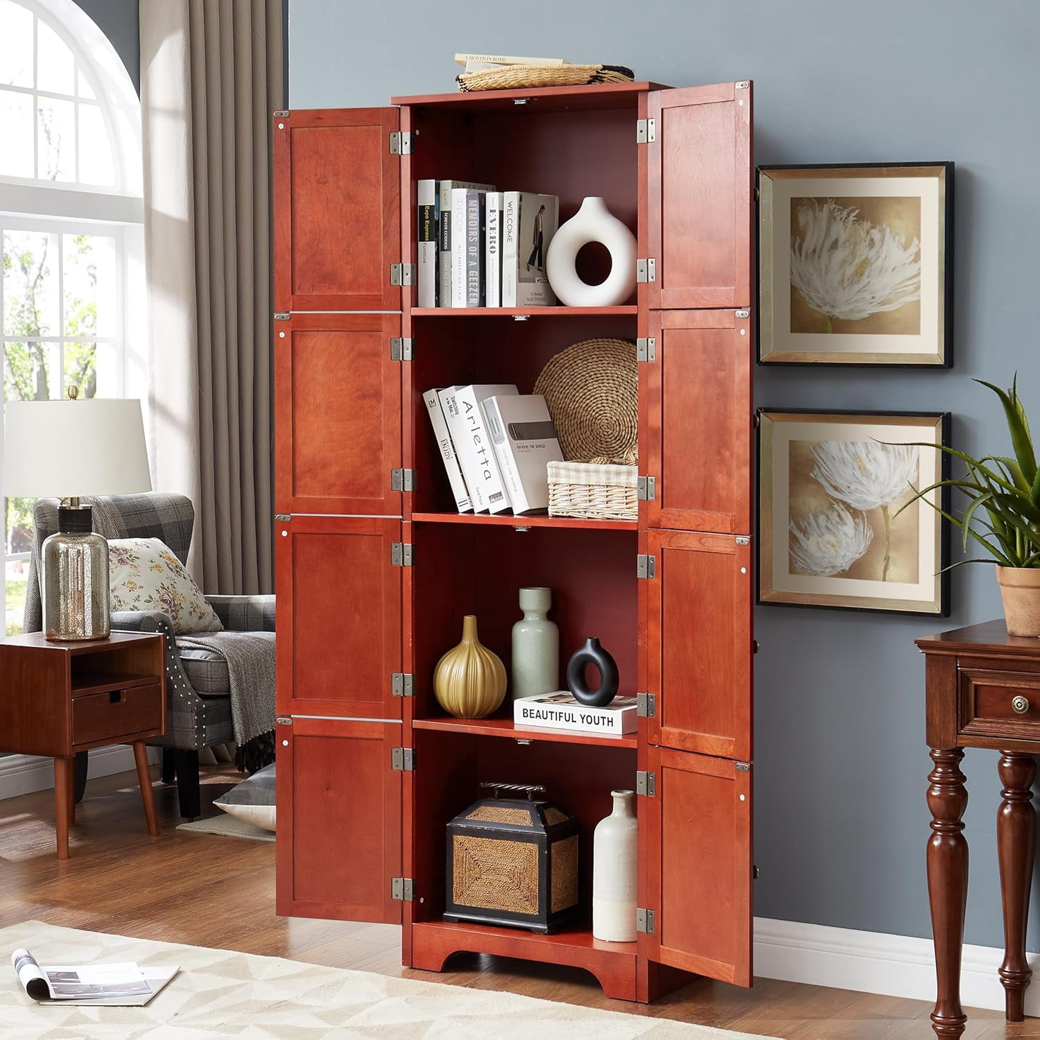 72" Tall Farmhouse Storage Cabinet, 4 Tier Kitchen Pantry Cabinet with 4 Shelves & 8 Doors, Freestanding Floor Storage Cabinet Wooden Organizer Bookcase for Living Room, Kitchen (Cherry)