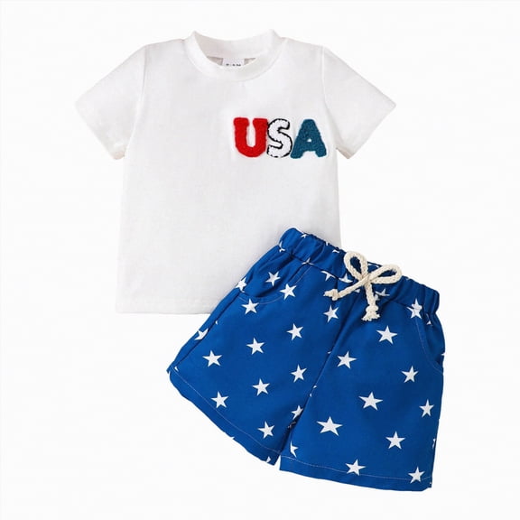 kpoplk 4th of July Clothes for Toddler Baby Boys Short Sleeve Print Shirts Tops Shorts 18M 24M 3T 4T 5T 6T Kids Independence Day Outfits 2pcs Short Pants Set Size 0-6 Months,White