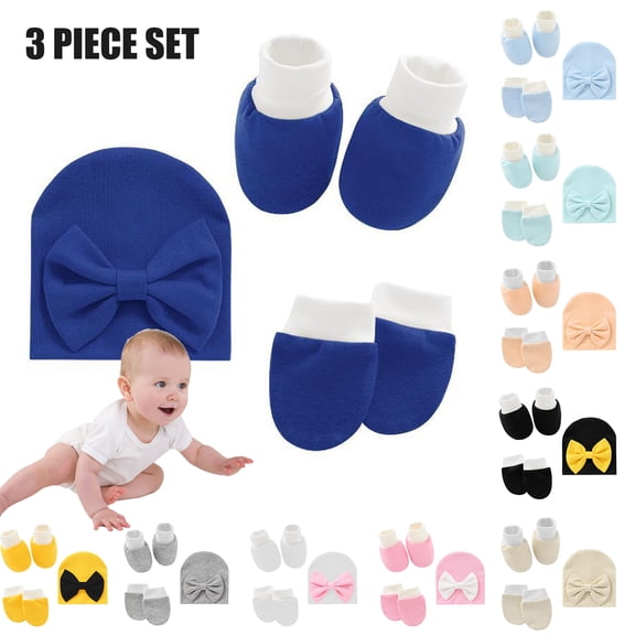 Baby Hat Mittens and Socks Set Newborn Bowknot Hat for 0-6 Months Cute Infant Beanie Suit Soft Mittens Non-Slip Ankle Socks
