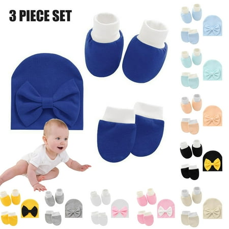Baby Hat Mittens and Socks Set Newborn Bowknot Hat for 0-6 Months Cute Infant Beanie Suit Soft Mittens Non-Slip Ankle Socks