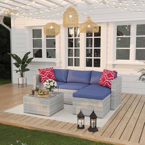 5 Pieces Patio Furniture Set, Outdoor Glass Table and Cushions with Rattan Wicker Chairs, Patio Furniture Set for Porch, Balcony, Backyard, Garden, Gray & Blue