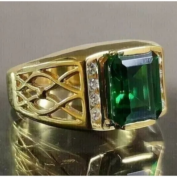 3.00Ct Emerald Cut Simulated Green Emerald Mens Solitaire Wedding Ring 14K Yellow Gold Plated 925 Sterling Silver